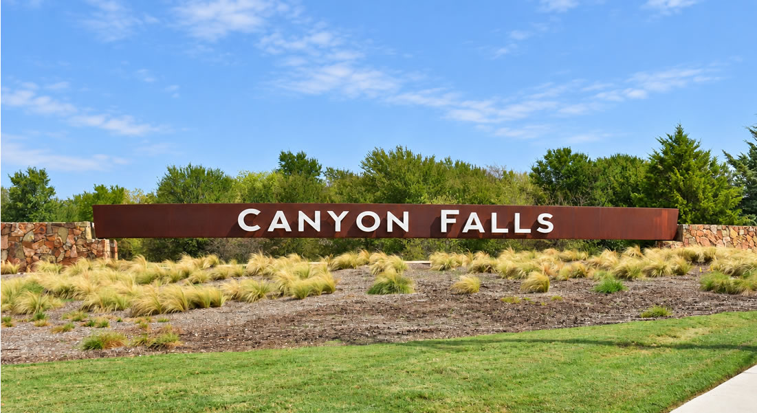 Living in Canyon Falls, Northlake, Texas 1 Canyon Falls community entrance in Northlake, Texas